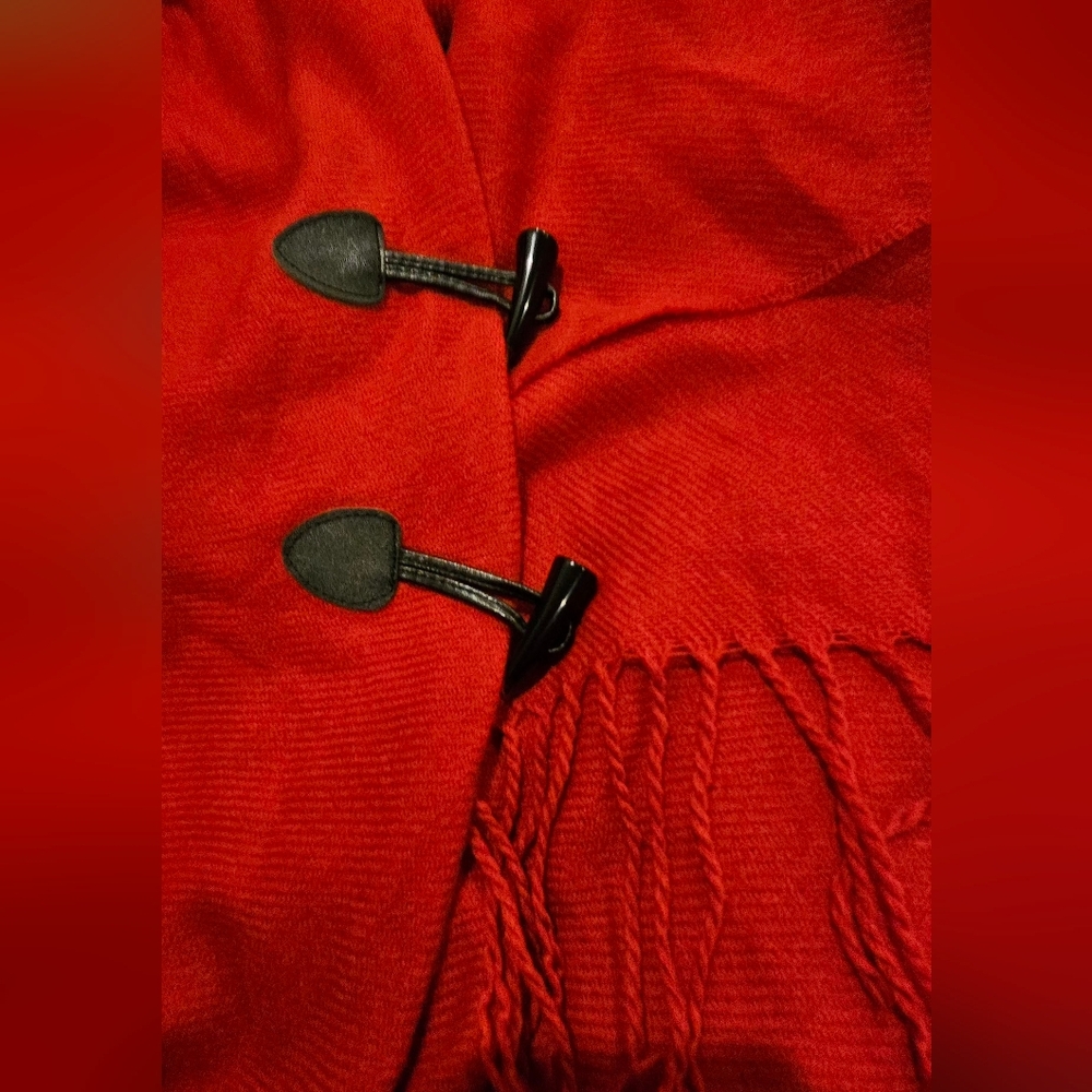 Bohemian Red Fringe Shawl Wrap / Toggle Front Cape - One Size - Picture 13 of 16